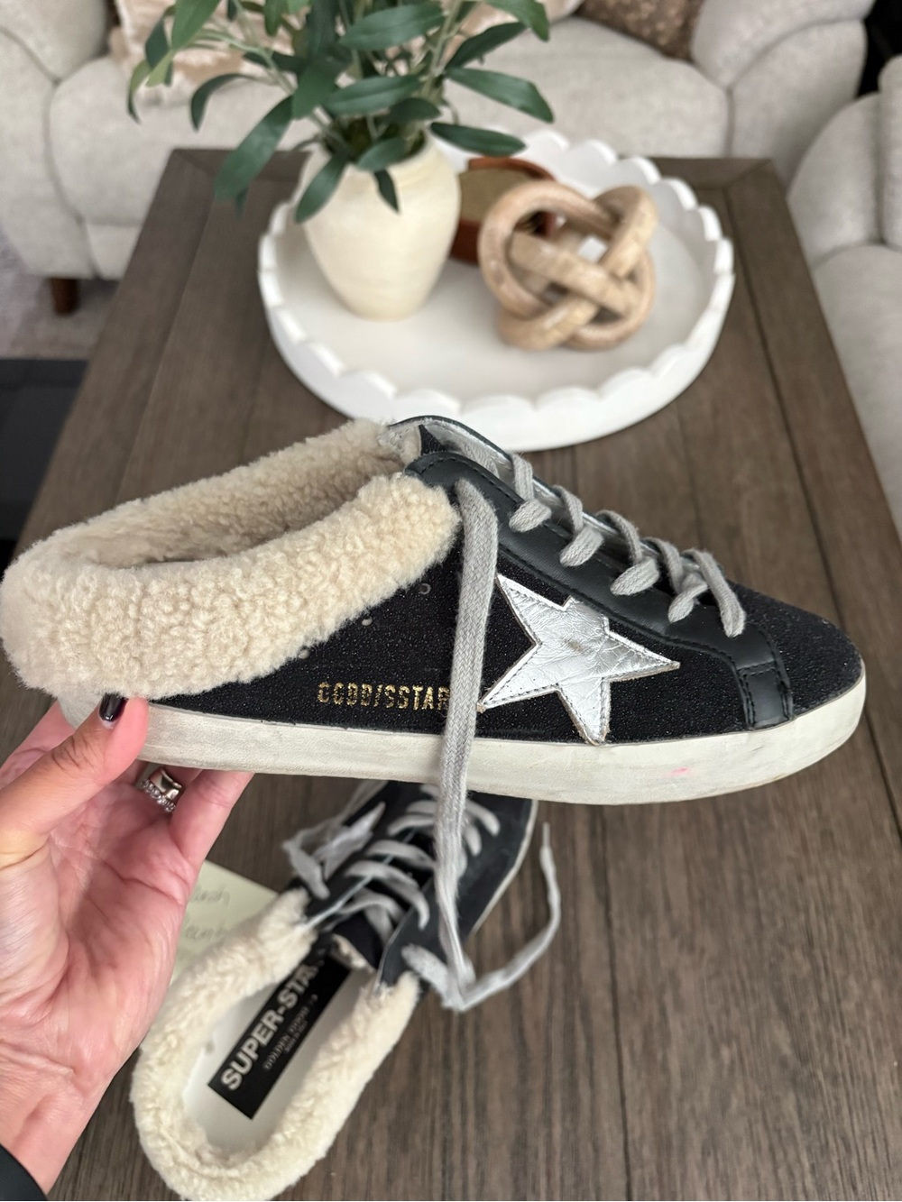 Golden Goose Black Star Sneakers with Cream Shearling Collar - Picture 5 of 7